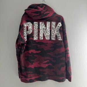 Y2K PINK Victoria's Secret Camo Hoodie‎ Sweater Sequins Large Sherpa Oversized